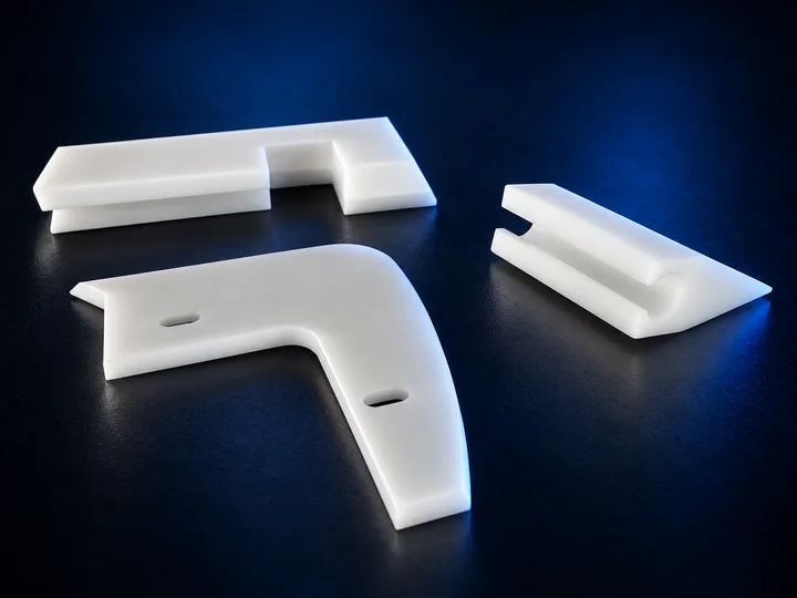 Gruppo di particolari bianchi in materiale plastico, vista 1