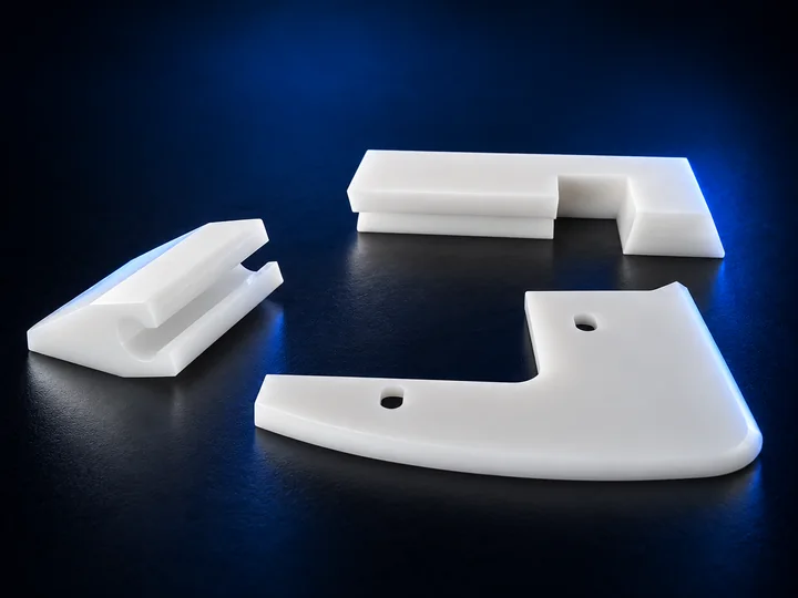 Gruppo di particolari bianchi in materiale plastico, vista 2